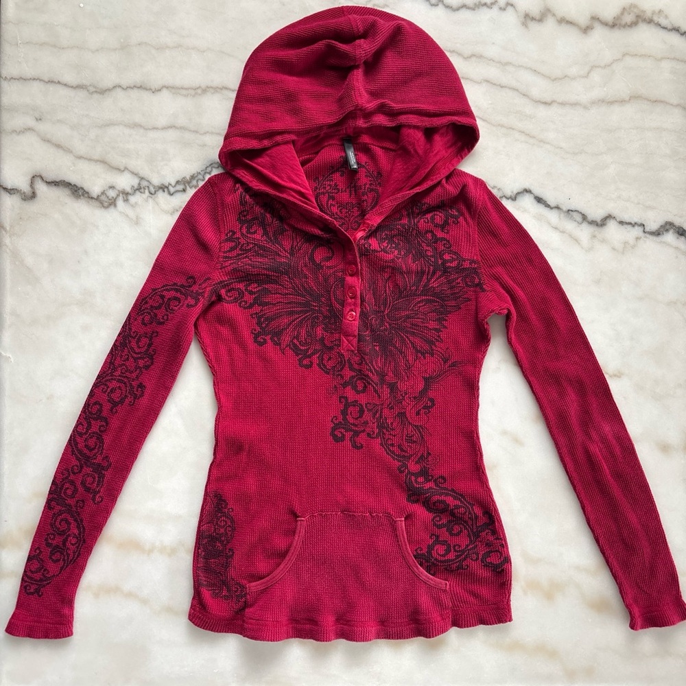 Vintage Buffalo David Bitton Hoodie Waffle Knit Thermal Graphic Y2K Red Size S